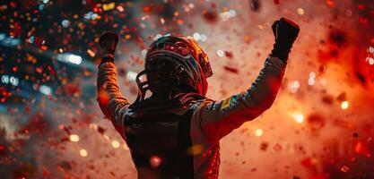AI generated a race car driver celebrates confetti on a podium photo