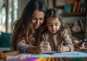 AI generated a young girl takes crayons from a box to do arts and crafts with her mother photo