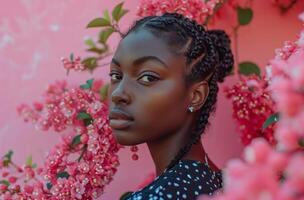 ai generado un joven africano americano niña es sentado con flores en rosado antecedentes foto
