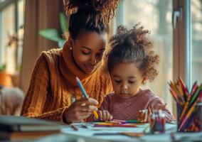 ai generado un joven niña toma lápices de color desde un caja a hacer letras y artesanía con su madre foto
