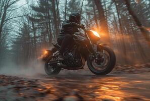 AI generated an individual riding a motorcycle in a forest photo