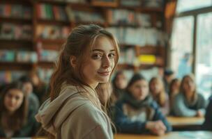 ai generado un joven mujer es hablando a muchos personas en un salón de clases foto