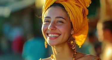 AI generated colorful woman with yellow head wrap laughing in the sun photo