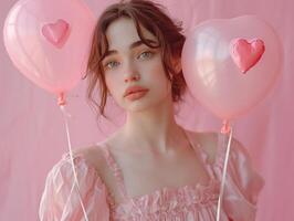 ai generado un joven mujer en vestir participación dos rosado corazón globos foto