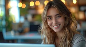 AI generated a young woman smiling while looking at a laptop in an office photo