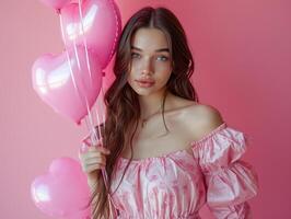 AI generated a young woman holding heart shaped balloons in a pink background photo