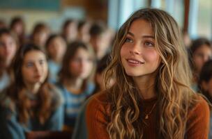 ai generado un joven mujer es hablando a muchos personas en un salón de clases foto