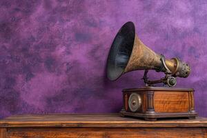 AI generated old gramophone on wooden table in a purple room photo