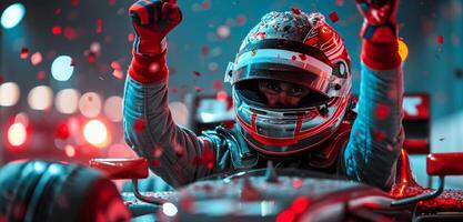 AI generated a race car driver celebrates his win photo