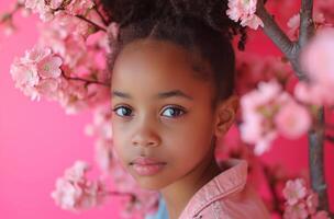 ai generado un joven africano americano niña es sentado con flores en rosado antecedentes foto