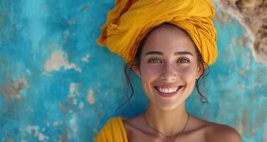 ai generado un sonriente mujer en un amarillo turco turbante foto