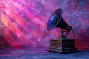 AI generated an oldworld phonograph is on a pedestal at a purple wall photo