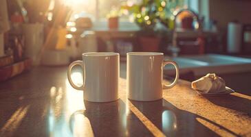 AI generated two white mugs sit next to each other on a countertop photo