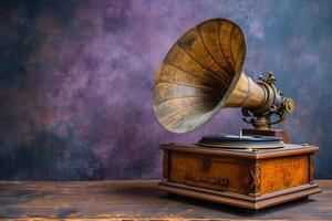 AI generated old gramophone on wooden table in a purple room photo