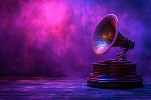 AI generated old gramophone on wooden table in a purple room photo