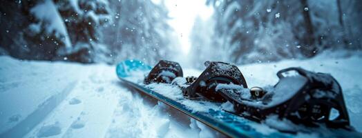 ai generado tablas de snowboard sentado abajo en el nieve foto