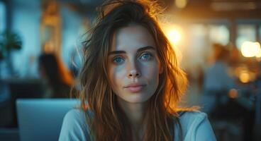 AI generated a woman at an office with people surrounding her, photo
