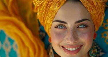 ai generado un sonriente mujer en un amarillo turco turbante foto