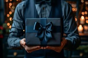 AI generated a waiter holds a gift box in front of him photo