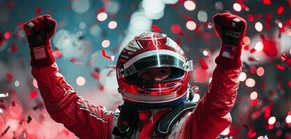 AI generated a race car driver celebrates his win photo