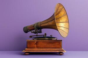 AI generated an antique gramophone sitting on a wooden stand in a purple room photo