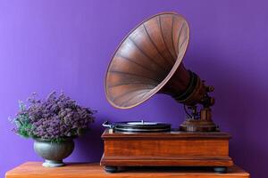 AI generated an analog gramophone on a wooden horchow stand in front of a purple wall photo