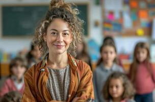 ai generado profesor en pie en frente de un salón de clases con algunos niños en clase foto