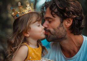 AI generated father and daughter holding crowns as they kiss each other photo