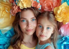 AI generated mom and daughter with paper crowns photo