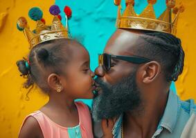 AI generated father and daughter holding crowns as they kiss each other photo