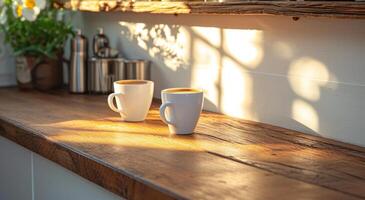 ai generado dos café tazas esperando en contra un de madera mostrador en el cocina foto