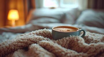 ai generado calentar café taza en el cobija en el dormitorio foto
