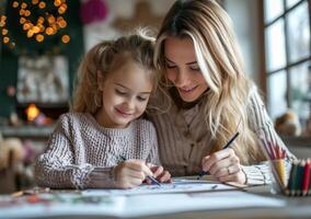 ai generado madre y hija dibujo juntos foto