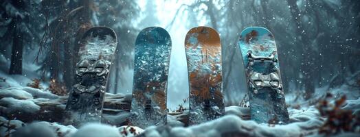 AI generated four snowboards were collected in the woods photo