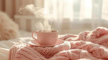 AI generated a coffee cup sits on a sweater with steam rising over a white dresser photo