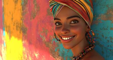 AI generated a happy woman smiling in a colorful turban near colorful wall photo