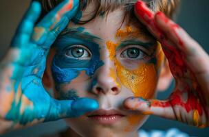 AI generated young boy covers his eyes with paint photo