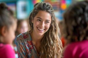 ai generado mujer en un colegio salón de clases sonriente a niños y hablando a ellos foto