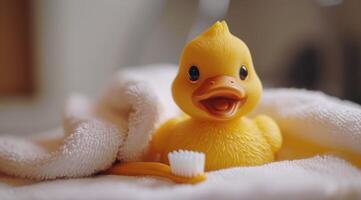 ai generado un Pato es metido en un toalla con un cepillo de dientes y un cepillo de dientes foto