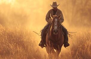 ai generado un chico en un sombrero y vaquero sombrero es montando su caballo, ligero marrón y oscuro ámbar foto