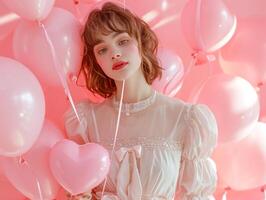 AI generated woman posing with pink heart shaped balloons photo