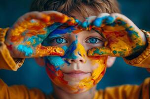 AI generated young boy covers his eyes with paint photo