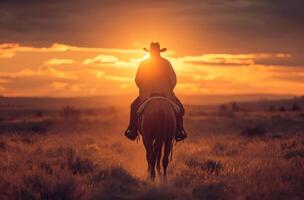 ai generado un chico en un sombrero y vaquero sombrero es montando su caballo, ligero marrón y oscuro ámbar foto