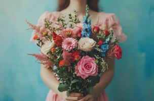 AI generated woman holds a bouquet of flowers, photo