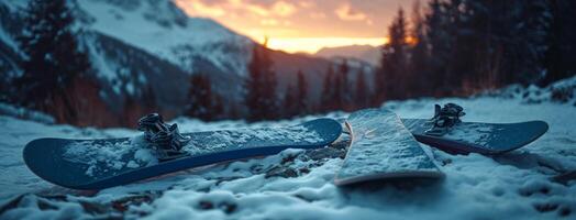 ai generado cuatro tablas de snowboard acostado en contra un montaña en frente de oscuro bosque foto