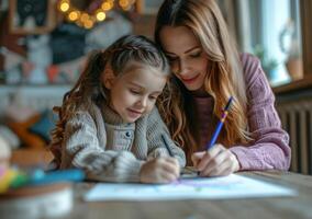 AI generated mom and young girl drawing with crayons for a school assignment photo