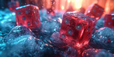 AI generated red dice in the ice and casino floor, photo