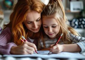 ai generado madre y hija dibujo juntos foto