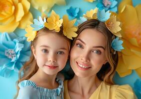 AI generated mom and daughter with paper crowns photo
