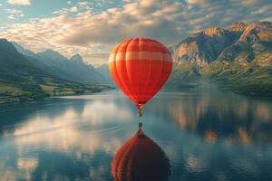 ai generado un caliente aire globo moscas terminado un cuerpo de agua en nublado cielo foto